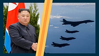 à gauche, le dirigeant nord-coréen Kim Jing-Un. À droite, un bombardier B-1B de l'armée américaine