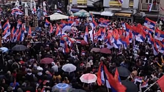 Ethnic Serbs rallied in the northern Kosovo town of Mitrovica on Sunday. 