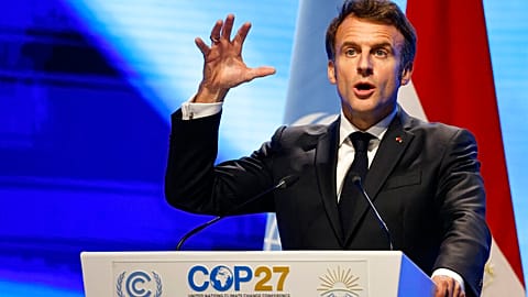 The French President Emmanuel Macron gives a speech at the Cop27 conference in Egypt