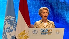 La président de la Commission européenne, Ursula von der Leyen lors d'une discours à Charm el-Cheikh en Égypte le 8 novembre 2022.