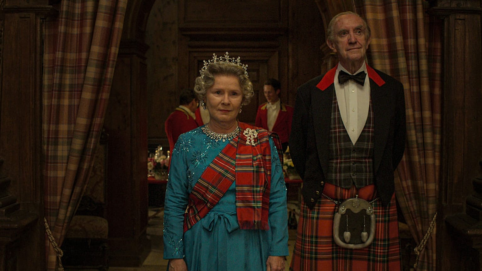 Imelda Staunton as Queen Elizabeth II (left) and Jonathan Pryce as Prince Philip, Duke of Edinburgh (right) in The Crown, Season 5.