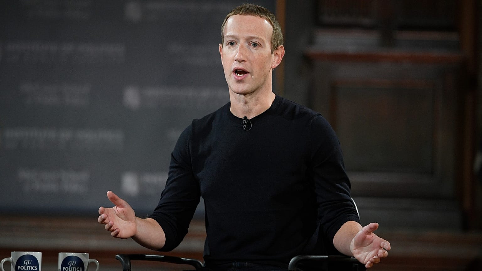 File - Facebook CEO Mark Zuckerberg speaking at Georgetown University in Washington, Oct. 17, 2019.