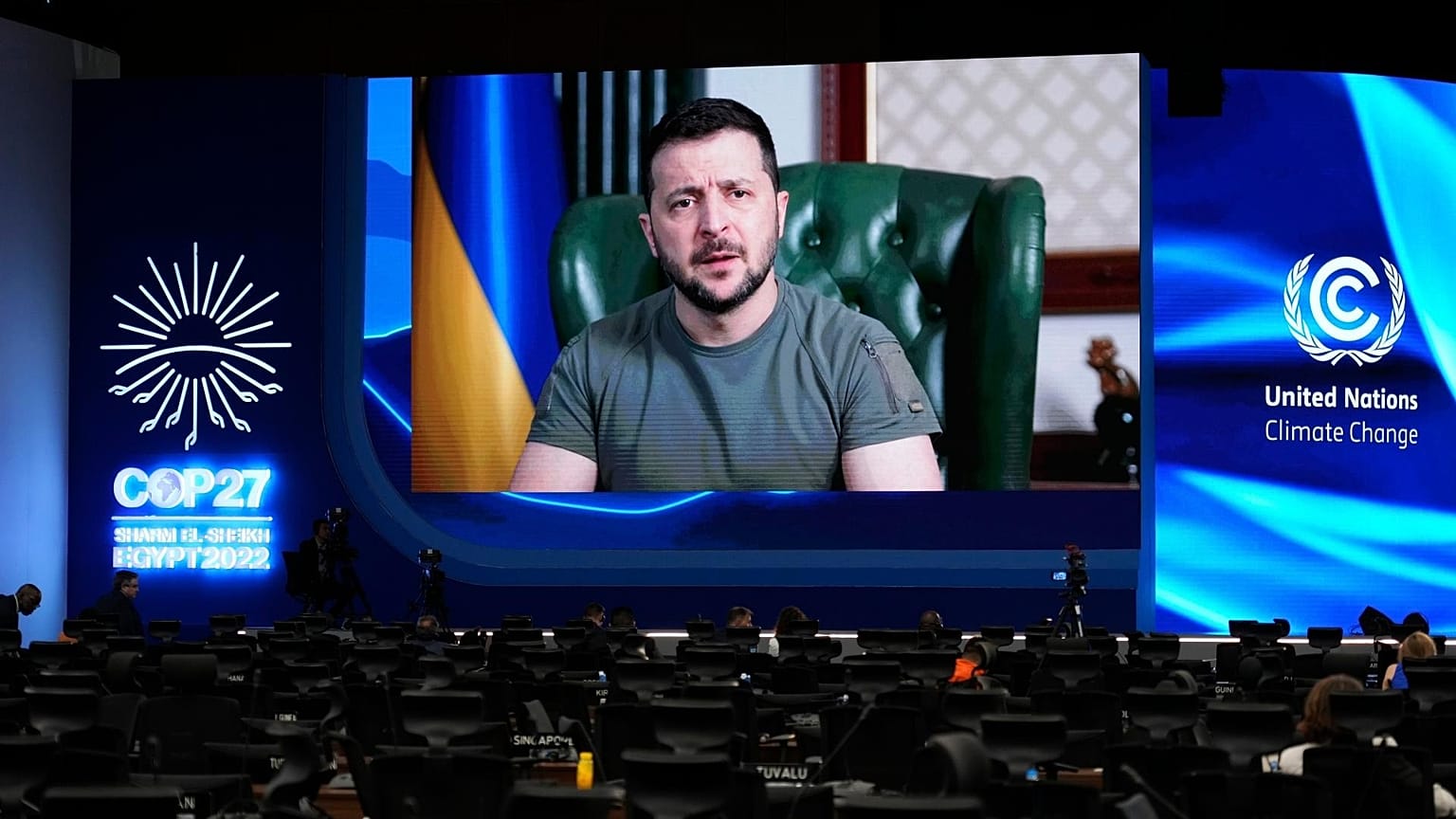 Volodymyr Zelenskyy, president of Ukraine, speaks via video at the COP27.