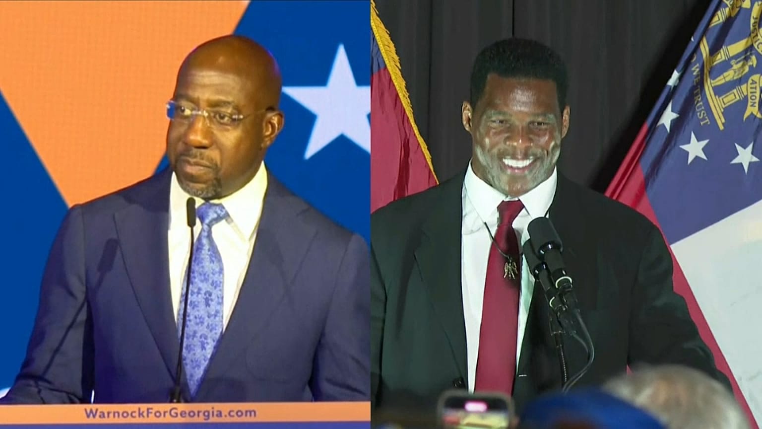 Los candidatos por el estado de Georgia: el demócrata Raphael Warnock (izq) y el republicano Herschel Walker, antigua estrella del fútbol americano (der). 