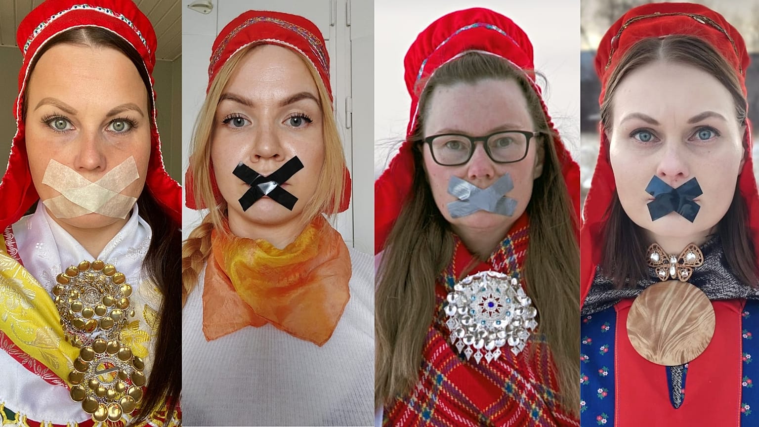 Montage of Sámi women protesting against lack of action on Finland's Sámi Parliament Act, November 2022