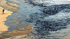 Una persona observa la costa llena de fuel en Finisterre, Galicia