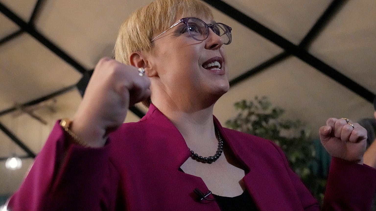 Liberal candidate Natasa Pirc Musarat celebrates at her electoral headquarters in Ljubljana, Slovenia