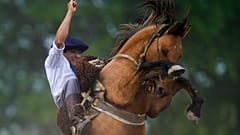 Un gaucho durante una exhibición con su caballo en San Antonio de Areco