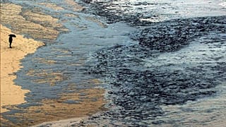 A person looks at oil sludge on a beach in Finisterre in Galicia, 1 December 2003
