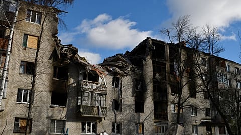 A view of an apartment building damaged by shelling in Sviatohirsk, Ukraine.