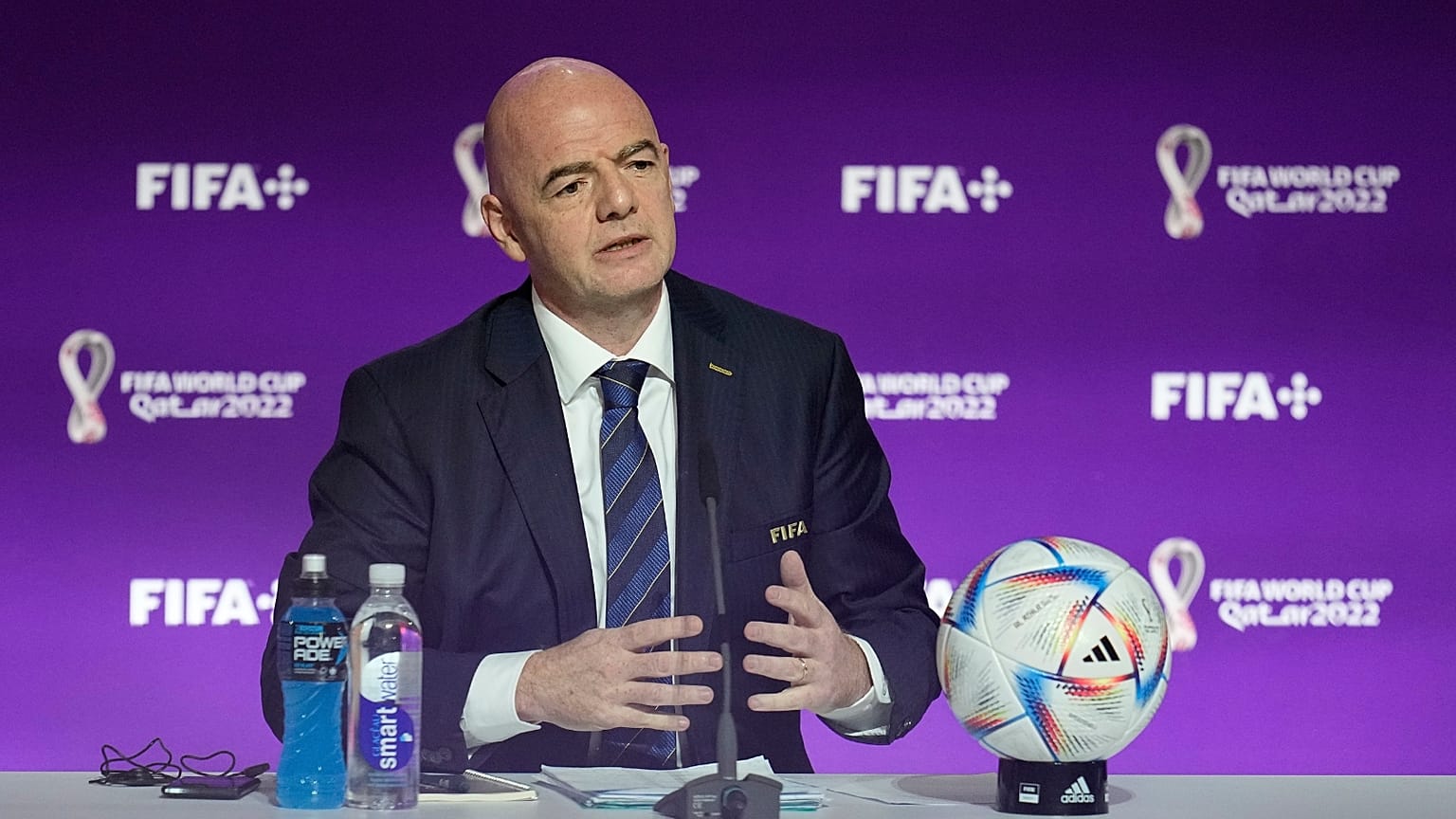 FIFA President Gianni Infantino speaks at a press conference Saturday, Nov. 19, 2022 in Doha, Qatar. 