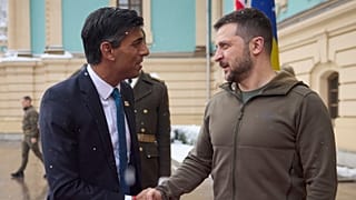 Ukrainian Presidential Press Office, Ukrainian President Volodymyr Zelenskyy, right, shakes hands with British Prime Minister Rishi Sunak during their meeting in Kyiv, Ukraine