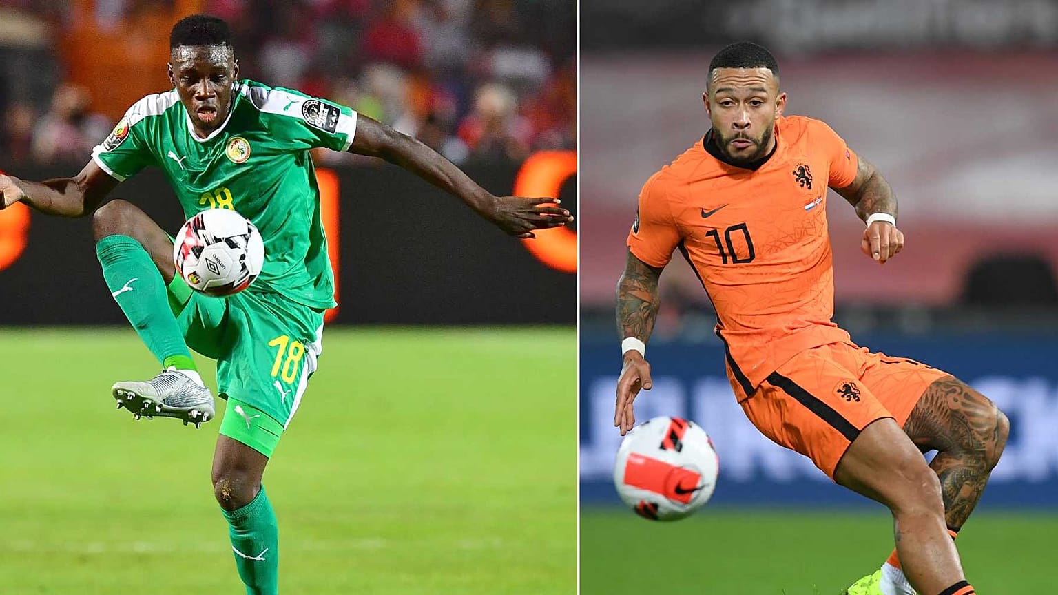 Senegal'in forveti Ismaila Sarr (solda), Hollanda'nın forveti Memphis Depay (sağda)