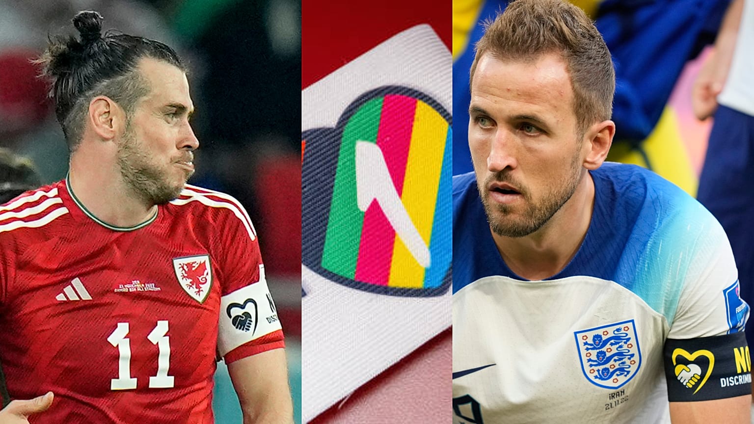 Gareth Bale e Harry Kane tiveram de abdicar da braçadeira "One Love" (ao centro)