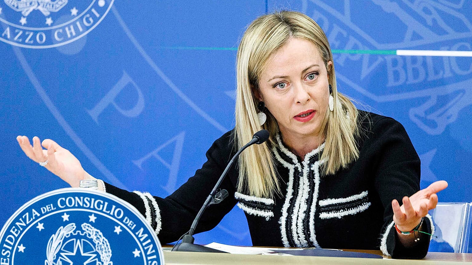 Giorgia Meloni meets the media during a news conference at Palazzo Chigi's premier office in Rome. Friday, 11 November 2022.