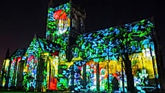 Paisley Abbey lit up for an installation called 'About Us', created by 59 Productions, as part of the UNBOXED: Creativity in the UK event, in Paisley, Scotland, Feb. 28, 2022.