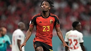 Belgium's Michy Batshuayi celebrates after scoring his side's opening goal during the World Cup group F soccer match between Belgium and Canada