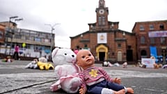 Toys were placed in Plaza 20 de Julio by people protesting violence against children in Bogota, Colombia.