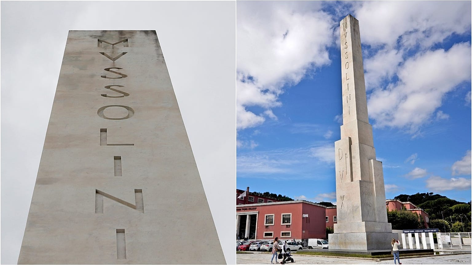 A marble obelisk with engravings reading 'Mussolini Dux' is located in front of Rome's Olympic Stadium.