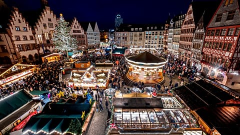 Lights illuminate the traditional Christmas Market that was opened in Frankfurt, Germany.