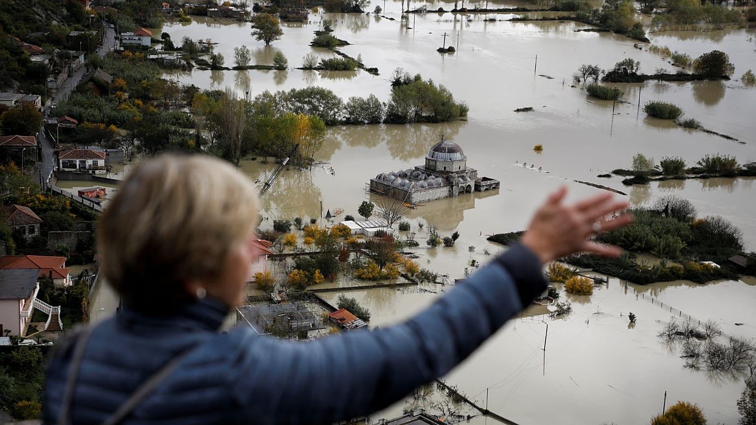 Flood waters surround The Lead Mosque following heavy rains in Shkodra, Albania, 21 November 2022.