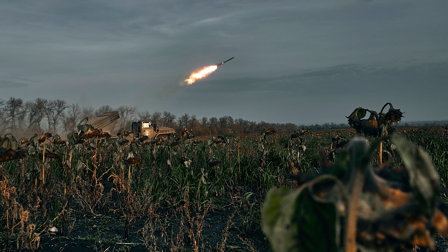 Ukrainian military fires rockets at Russian positions on the frontline near Bakhmut, Donetsk region.