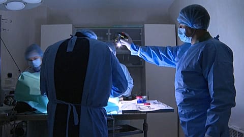 Vet Oleksiy Yankovenko and his team performing surgery on a dog.