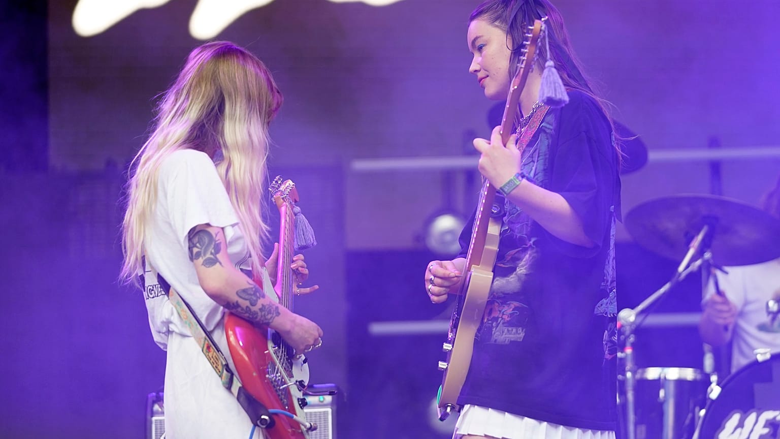 Hester Chambers, left, and Rhian Teasdale of Wet Leg performs on day two of the Lollapalooza Music Festival on Friday, July 29, 2022