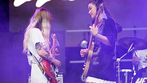 Hester Chambers, left, and Rhian Teasdale of Wet Leg performs on day two of the Lollapalooza Music Festival on Friday, July 29, 2022
