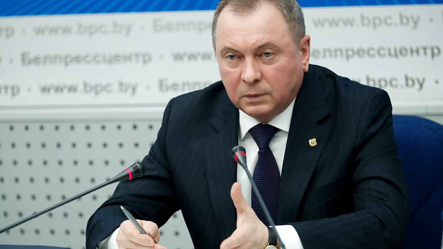 Belarusian Foreign Minister Vladimir Makei, who has died aged 64, gestures while speaking during his annual news conference in Kyiv, Belarus, Wednesday, Feb. 16, 2022.