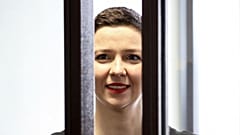 Belarus' opposition activist Maria Kolesnikova attends a court hearing in Minsk, Belarus, Wednesday, Aug. 4, 2021. 
