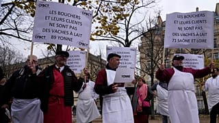 Talhantes e produtores de enchidos protestam diante da Assembleia Nacional, em Paris