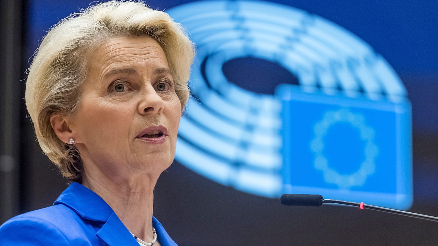 European Commission President Ursula von der Leyen speaks at the European Parliament in Brussels.