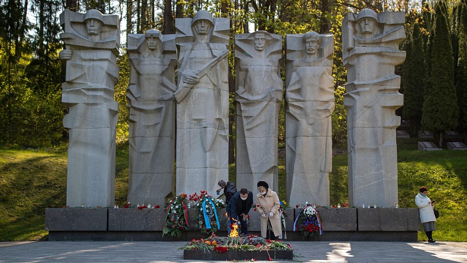 The Antakalnis memorial during the 75th anniversary of the end of World War II celebrations in Vilnius, Lithuania, Saturday, May 9, 2020.