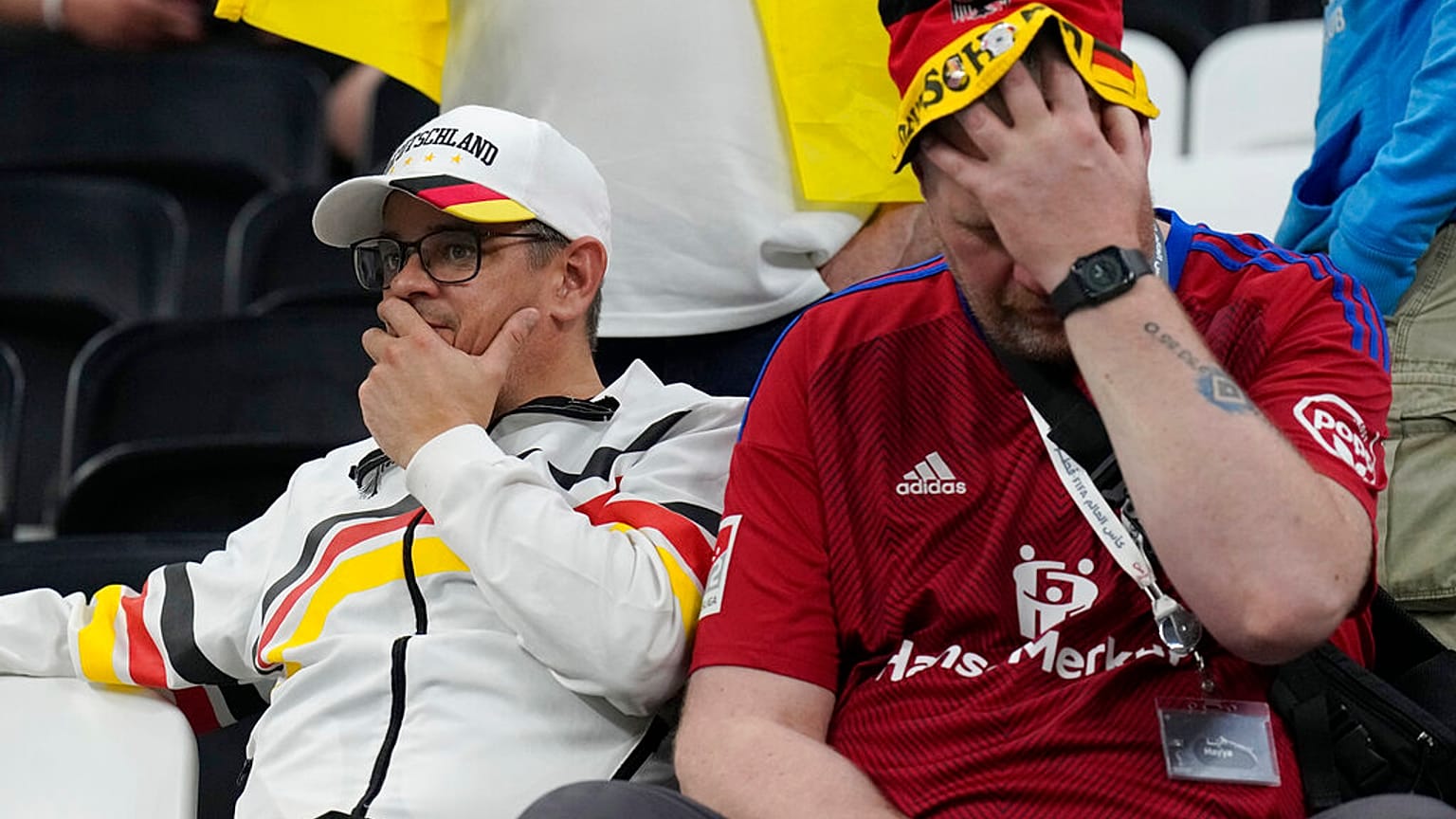 German fan reacts after the World Cup group E soccer match between Costa Rica and Germany,  Qatar, Friday, Dec. 2, 2022.