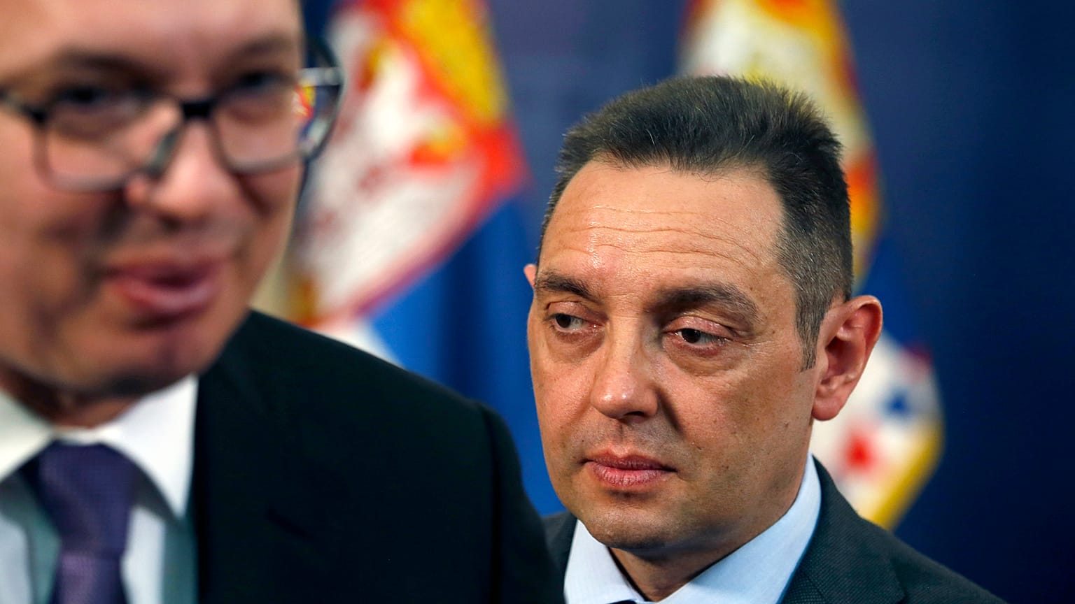 Aleksandar Vulin, right, walks behind Serbian President Aleksandar Vucic in Belgrade, Serbia. Monday, 23 April 2018. 