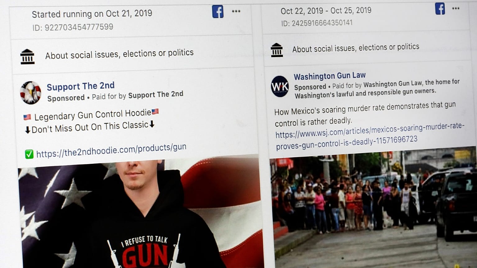 This photo shows a search for political ads that were on Facebook displayed on a computer screen on Oct. 31, 2019, in New York. 