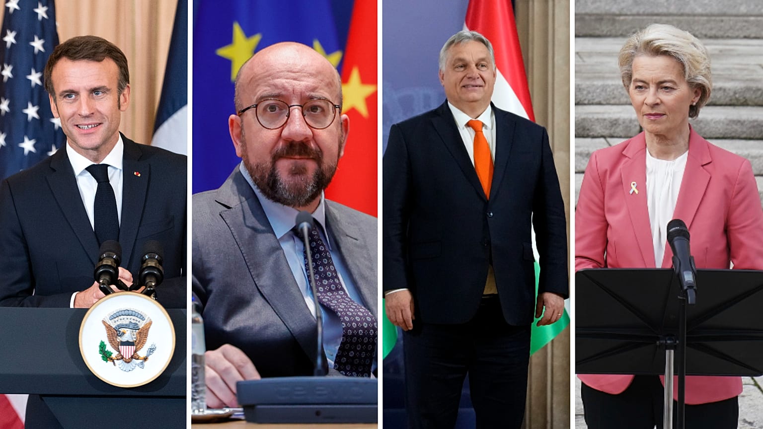 From left: French President Emmanuel Macron; EU Council President Charles Michel; Hungarian Prime Minister Viktor Orban; and European Commission President Ursula von der Leyen