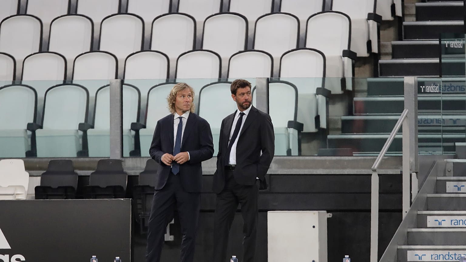 Juventus' president Andrea Agnelli (right) and his Vice President Pavel Nedved, pictured at the Allianz stadium in August 2020.
