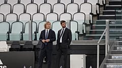 Juventus' president Andrea Agnelli (right) and his Vice President Pavel Nedved, pictured at the Allianz stadium in August 2020.