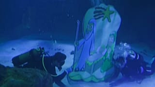 Divers setting up a nativity scene among fish and sharks in Madrid Zoo Aquarium.