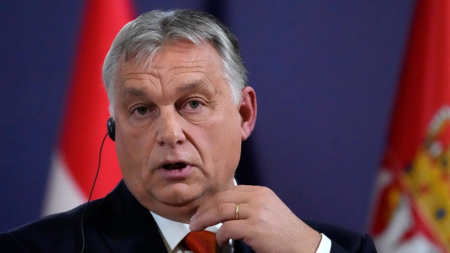 Hungary's Prime Minister Viktor Orban listens to a question during a press conference with Serbian President Aleksandar Vucic and Austria's Chancellor Karl Nehammer.