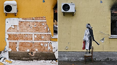 A split-image rendition of the Banksy stencil in Hostomel, before and after the attempted theft in December 2022