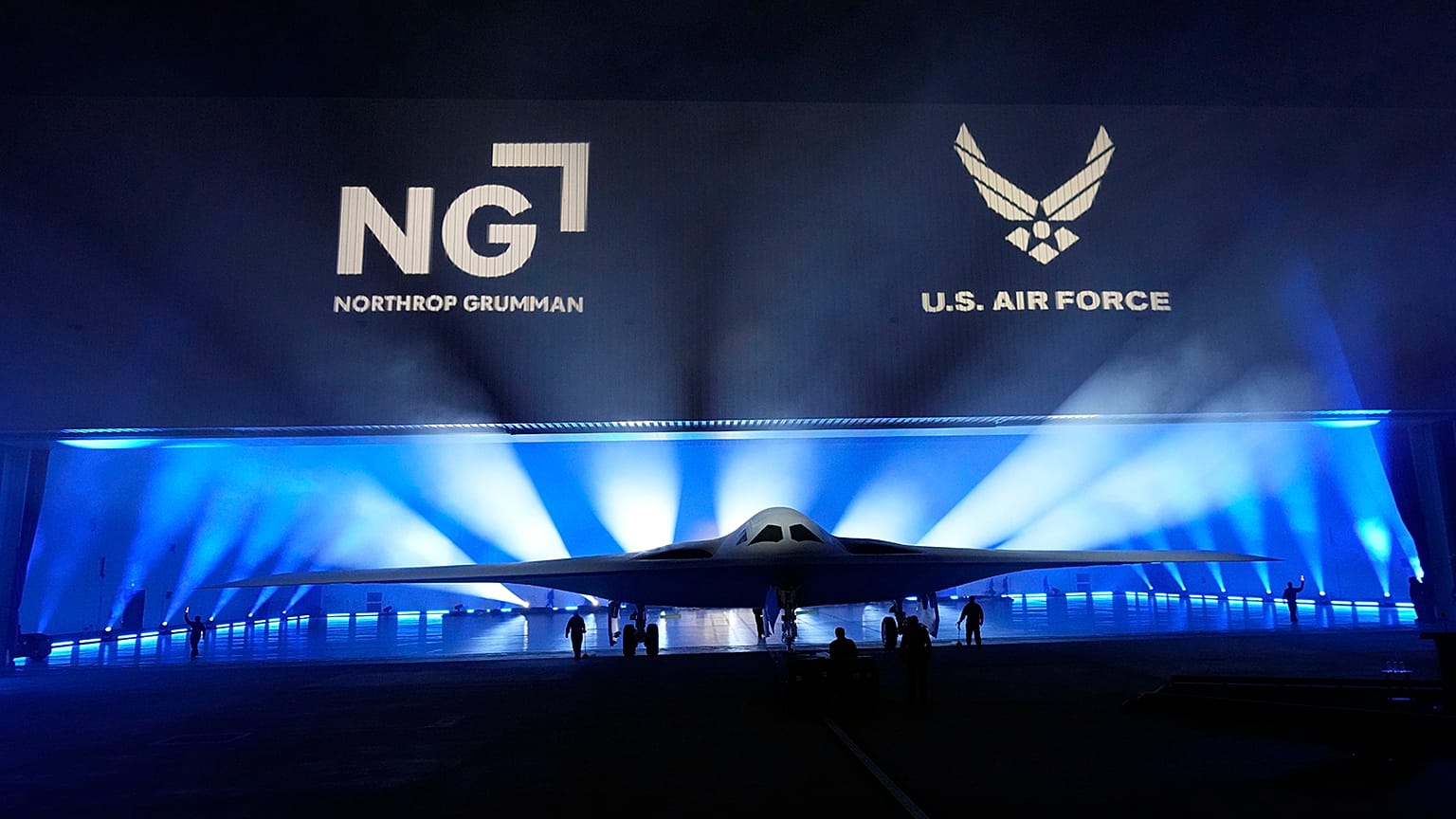 The B-21 Raider stealth bomber is unveiled at Northrop Grumman, 2 December 2022