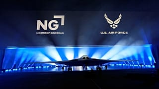 The B-21 Raider stealth bomber is unveiled at Northrop Grumman, 2 December 2022