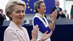 European Commission President Ursula von der Leyen applauds during a ceremony marking the 70th anniversary of the European Parliament, Tuesday, Nov. 22, 2022