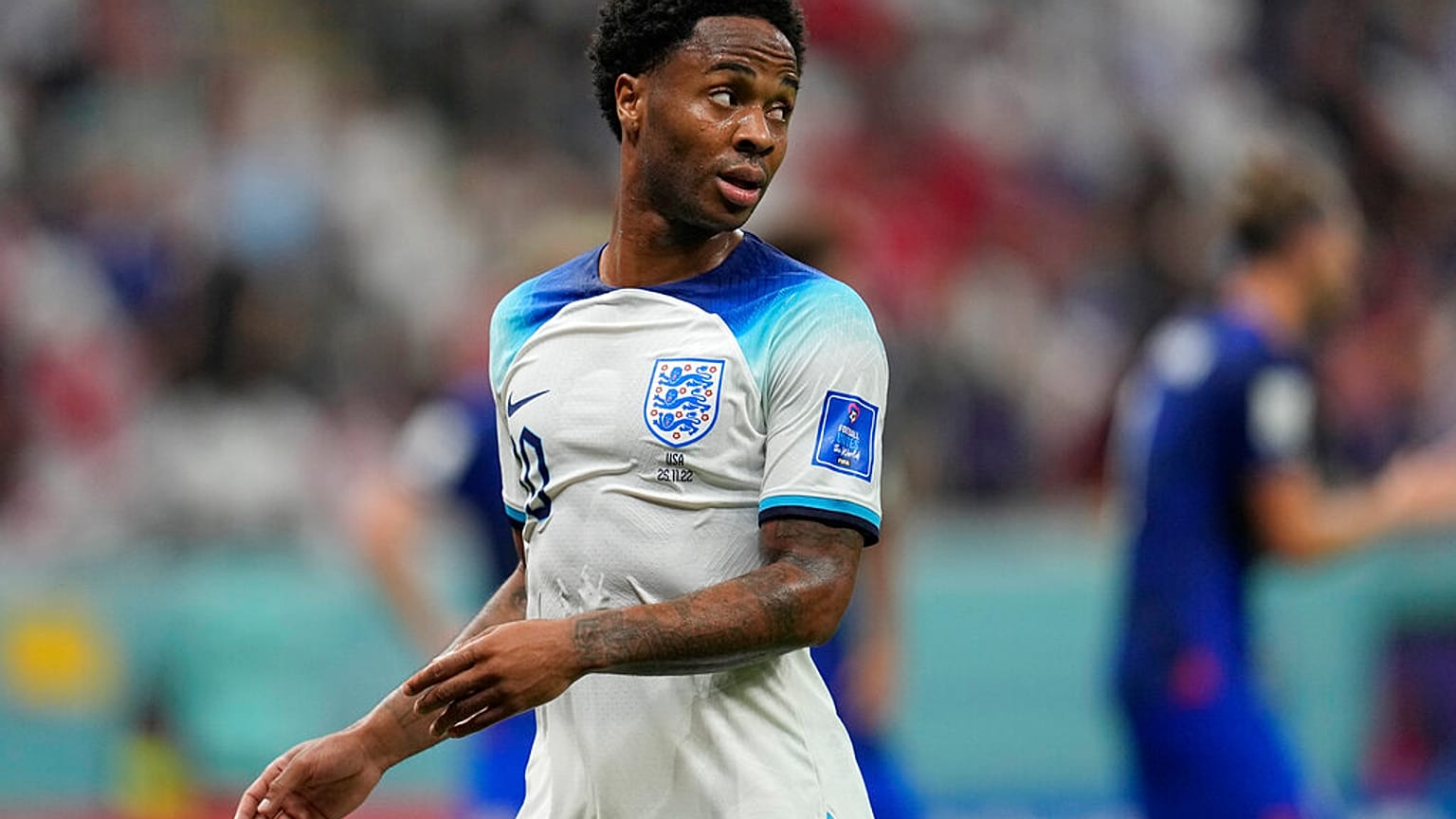 England's Raheem Sterling looks down the field during the World Cup group B soccer match between England and The United States, at the Al Bayt Stadium in Al Khor , Qatar