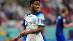 England's Raheem Sterling looks down the field during the World Cup group B soccer match between England and The United States, at the Al Bayt Stadium in Al Khor , Qatar