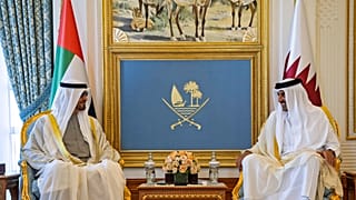 BAE Devlet Başkanı Şeyh Muhammed bin Zayid Al Nahyan (solda) ve  Katar Emiri Şeyh Tamim bin Hamad el Tani