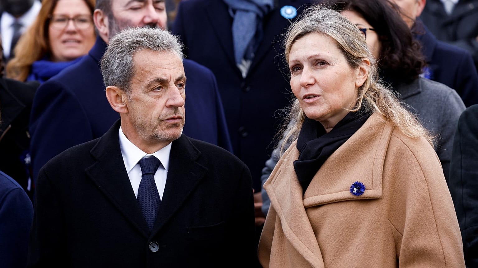 Former French President Nicolas Sarkozy and President of the National Assembly of France Yael Braun-Pivet attend a ceremony at the Arc de Triomphe on Nov. 11.